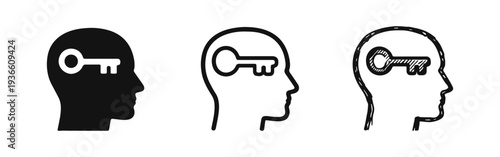 Human head with key icon set. Solution, unlock, knowledge, access, and opportunity symbol.