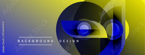 Abstract geometric composition. Gradient background transitions from blue to yellow. Overlapping circles, rectangles create dynamic visual effect.