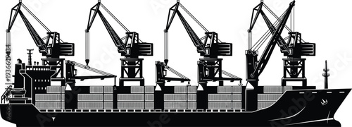 Container cargo ship with deck cranes silhouette, maritime shipping freight transport port logistics dockyard industrial vessel vector illustration isolated