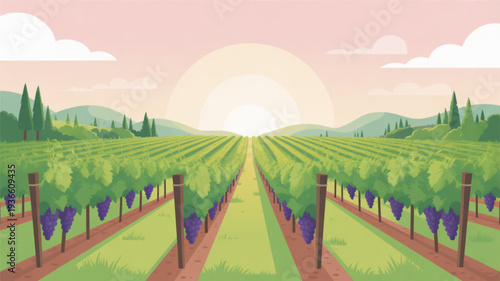 Vineyard landscape with lush grapevines and rolling hills at sunset with soft pink sky and distant mountains