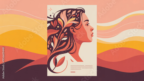 Woman with long hair and floral design on abstract sunset background