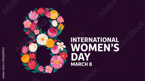 International women's day march 8 celebration with floral number eight on dark background