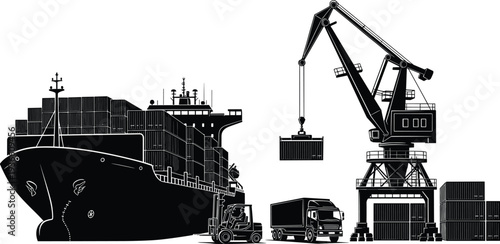 Global cargo logistics port scene, container ship crane truck forklift shipping freight transport harbor terminal supply chain vector illustration isolated