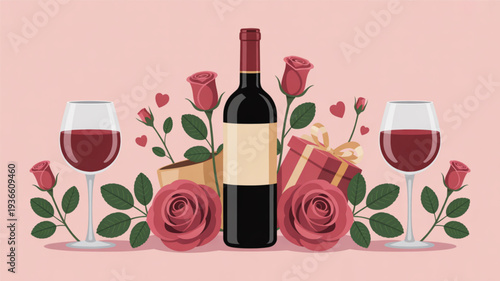 Romantic wine and gift setup with roses on pink background for valentine's day or anniversary celebration