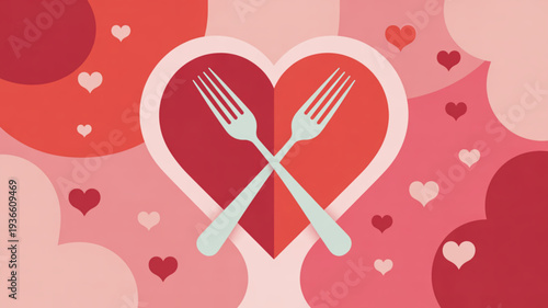 Valentine's day dinner concept with crossed fork and knife in heart shape on pink background with hearts