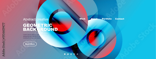 Abstract geometric background design. Vibrant colors, flowing shapes, text elements present. Modern aesthetic, website mockup.