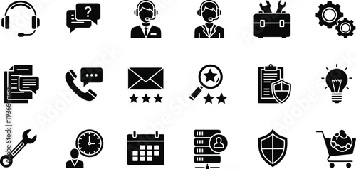 Collection of various business and communication icons in black and white