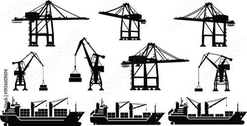 Harbor cranes and cargo ship silhouettes, maritime shipping port logistics container loading dockyard industrial transport vector illustration collection isolated set
