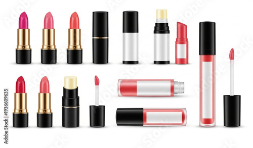 Cosmetic Lipstick and Lip Gloss Packaging Mockup 3D Realistic Vector Template Isolated on White Background
