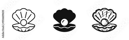 Pearl oyster with pearl icon set in outline, solid, and hand-drawn doodle style. Marine treasure symbol collection.