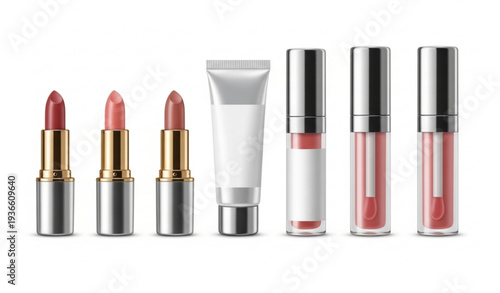 Lipstick Lip Balm and Lip Gloss Mockup Set 3D Realistic Vector Packaging Template Isolated on White Background