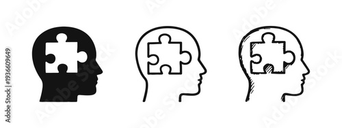 Human head with puzzle piece icon set. Solution, understanding, completion, and problem-solving symbol.