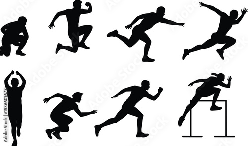 Athlete running and jumping silhouettes set with sprint, hurdle jump and dynamic sport action poses isolated on white background