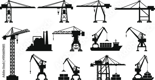 Industrial crane silhouette collection, construction tower cranes harbor cargo loading port machinery heavy industry logistics dockyard vector illustration isolated set