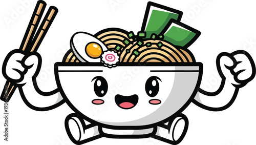 Vector  illustration of joyful cartoon ramen bowl character holding chopsticks isolated on transparent background