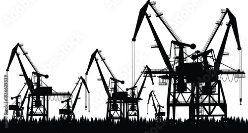 Industrial harbor crane skyline silhouettes, port cargo loading machinery maritime shipping dockyard logistics heavy industry vector illustration isolated set