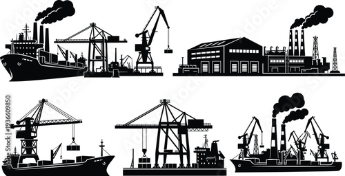 Industrial port skyline silhouettes, cargo ship cranes shipyard factory smokestacks maritime logistics harbor industry shipping dockyard manufacturing infrastructure black vector 
