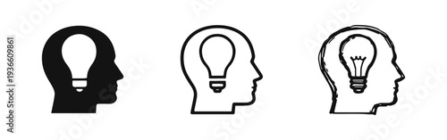 Human head with light bulb icon set. Idea, inspiration, creativity, innovation, and thinking symbol.
