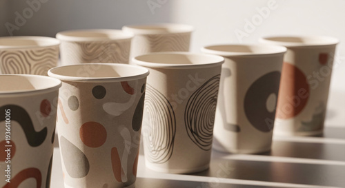 Collection of modern stylish disposable paper cups with abstract patterns and designs arranged in a row on a neutral background perfect for advertising and branding