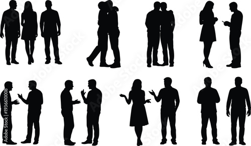 Silhouettes of people standing and interacting in various poses and groups on white background