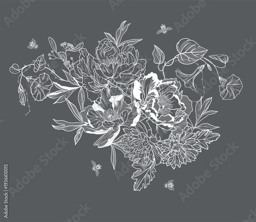  flowers and foliage. Vector illustration, bouquet.	