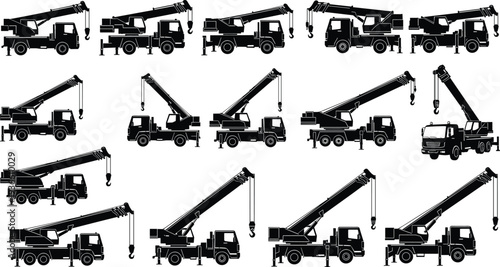 Mobile truck crane silhouettes collection, construction lifting vehicles heavy equipment industrial machinery transport engineering vector illustration isolated set