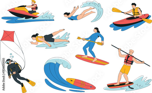 Active water sports vector collection with people surfing, jet skiing, kayaking, scuba diving, and paddleboarding