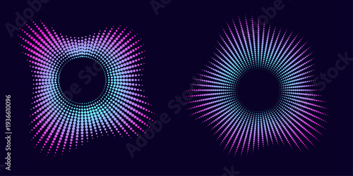 Sound equalizer icons featuring lines and dots with gradient neon circular sound wave frames, abstract radial music visualization symbols representing audio beats and sound levels for music apps