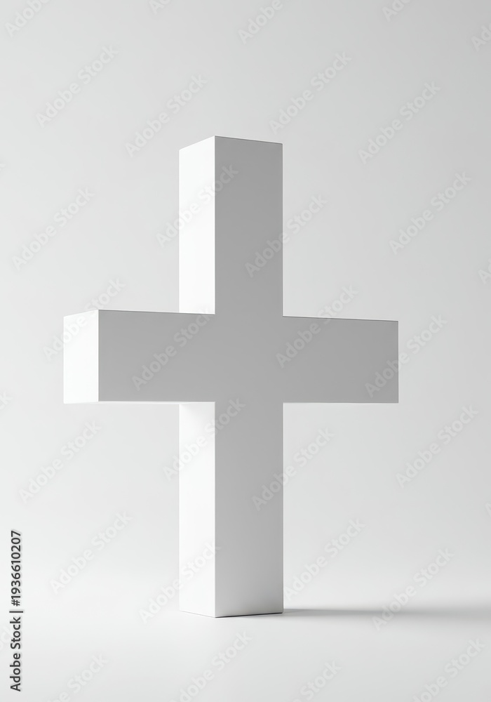 Fototapeta premium A dynamic white abstract cross shape rendered in high key lighting on a minimalist background, emphasizing purity, geometry, and conceptual design, geometric, abstract, shape