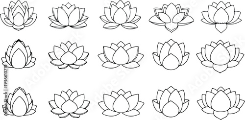 A set of 15 black and white lotus flower icons in various styles and line art designs
