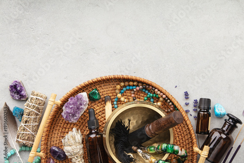 Spiritual Cleansing and Meditation Tools Flat Lay