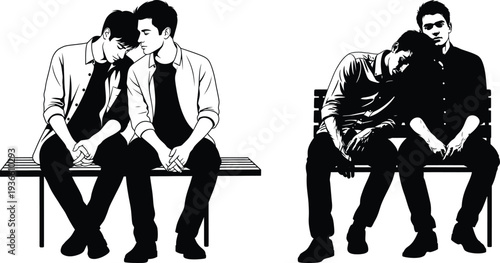 Two men sitting on benches showing affection to each other  love and relationships