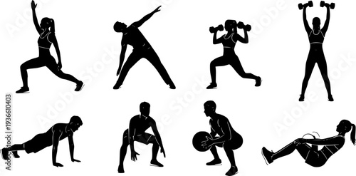 Professional Fitness and Workout Silhouette Set - Strength Training, Yoga Poses, and Exercise Routine Vector