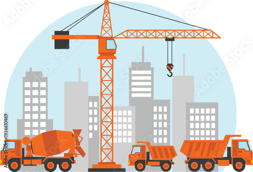 Construction site with tower crane cement mixer and dump trucks building industry vector illustration