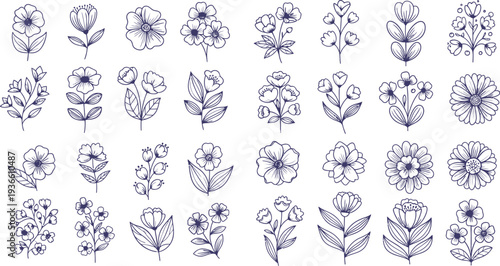 Collection of 25 unique floral illustrations in blue and black ink