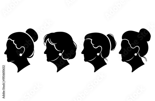 Women profile silhouettes set with different hairstyles, black heads