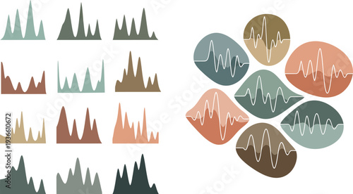 City skyline silhouettes and abstract oval shapes in various colors