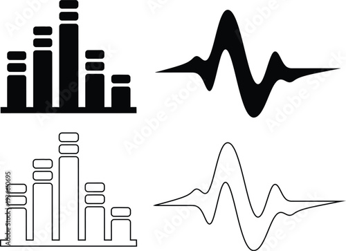 Collection of four different waveform and bar graph icons in black and white