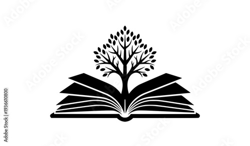 Open book with tree silhouette vector symbol of education growth and knowledge isolated on white background