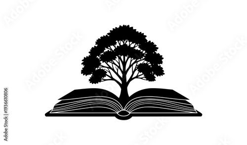 Education concept tree growing from book silhouette vector knowledge learning icon isolated on white background