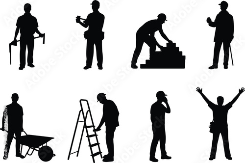 Construction worker silhouettes set with bricklaying ladder tools wheelbarrow and handyman actions isolated on white background for building industry