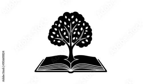 Tree growing from open book silhouette vector education knowledge concept icon isolated on white background