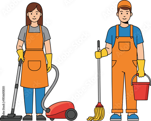 Cleaning service workers with vacuum cleaner mop and bucket housekeeping vector illustration