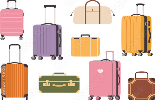 Professional travel baggage vector collection with various colorful suitcases and luggage bags for summer vacation journey