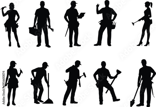 Construction worker silhouettes set with builders and handymen holding tools isolated on white background for building industry concept