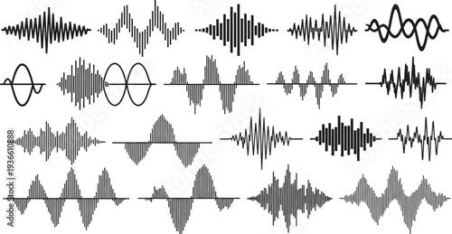 Collection of various sound wave patterns and audio signal graphics