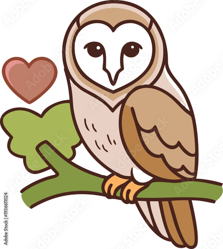A captivating portrait of a Barn Owl, perched on a moss-covered branch, takes center stage. The owl, facing the viewer directly, showcases its heart-shaped facial disc, bright black eyes, and a slight