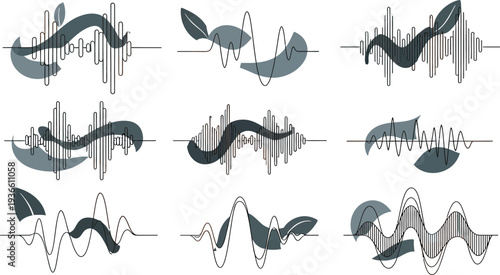 Collection of abstract waveform patterns and signal graphs