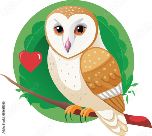 A captivating portrait of a Barn Owl, perched on a moss-covered branch, takes center stage. The owl, facing the viewer directly, showcases its heart-shaped facial disc, bright black eyes, and a slight