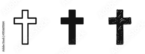 Christian Cross Icon Set in Outline, Solid, and Doodle Styles - Religious Symbol Collection for Faith and Spirituality
